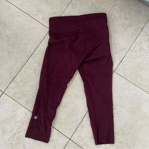 burgundy Lulu Lemon capris work out leggings. Worn 1 time. Size 6. 2 pockets